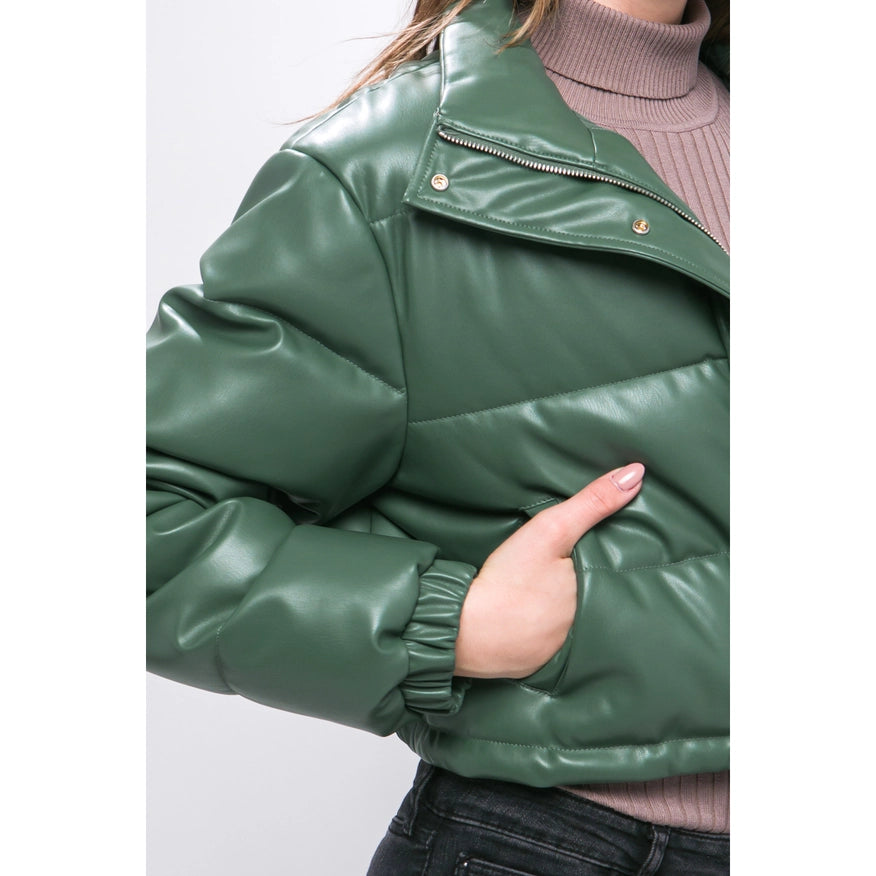 Faux Leather Puffer Jacket Green-Jacket-Faith Apparel-Urbanheer