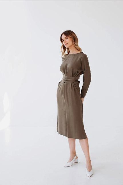 Wrap Linen Dress, Belted Khaki Green Dress For Women Long-Dress-Nich Linen-Urbanheer