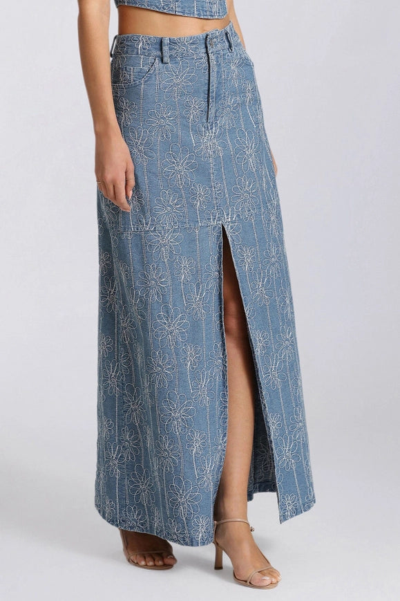 Embroidered Denim Maxi Skirt-Skirt-Avec Les Filles-4-Urbanheer