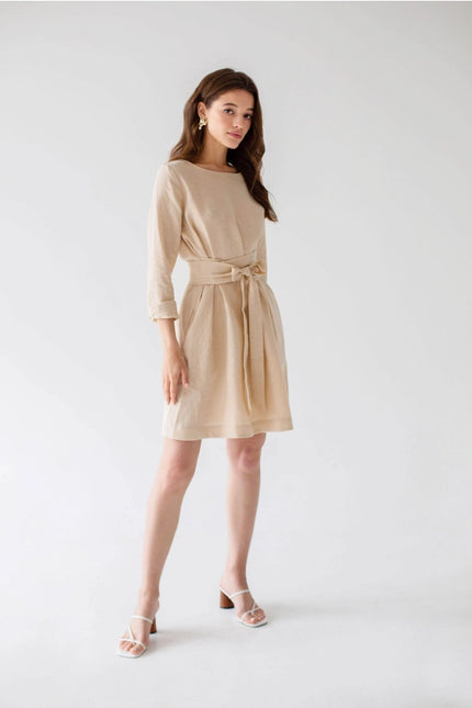 Wrap Linen Belted Beige Bridesmaid Dress For Women Mini-Dress-Nich Linen-Urbanheer