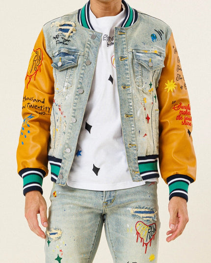 All Over Embroidered Varsity Denim Jacket-Jacket-First Row-Light Stone Sand Tint-S-Urbanheer