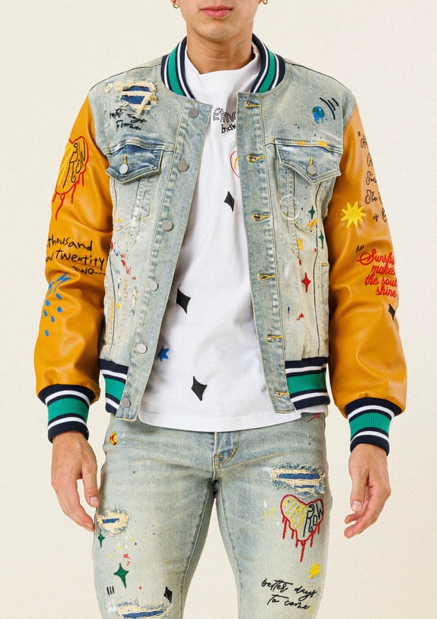 All Over Embroidered Varsity Denim Jacket-Jacket-First Row-Light Stone Sand Tint-S-Urbanheer