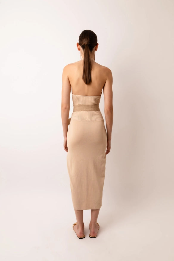 Marrakech Knit Fitted Halter Neck Midi Dress Beige-Dress-Amy Lynn-Urbanheer