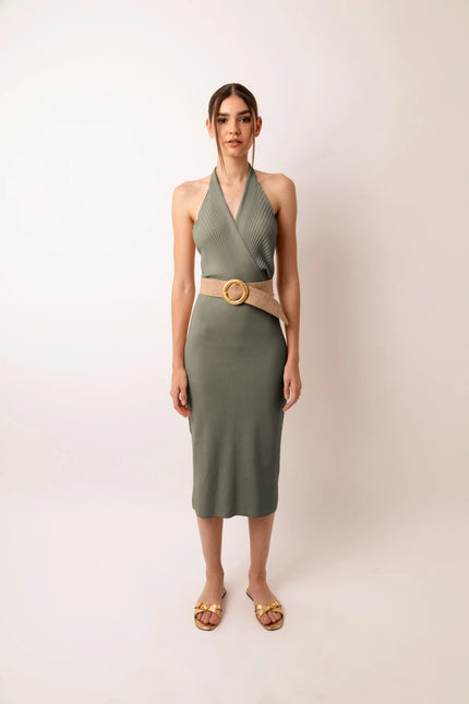 Marrakech Knit Fitted Halter Neck Midi Dress Green-Dress-Amy Lynn-S-Urbanheer