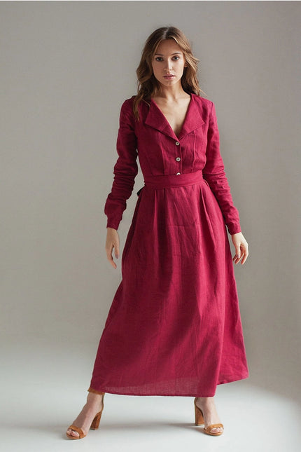 Burgundy Red Linen Dress Maxi With Front Buttons And Collar-Dress-Nich Linen-XXS-Urbanheer