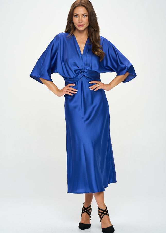 Satin Stretch Solid Dress With Front Twist-Renee C.-Urbanheer