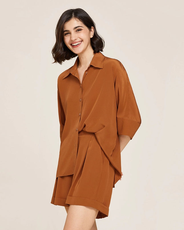 Weekend Oversize Silk Co-Ord Set Maple Syrup-Sets-MommeSilk-Urbanheer