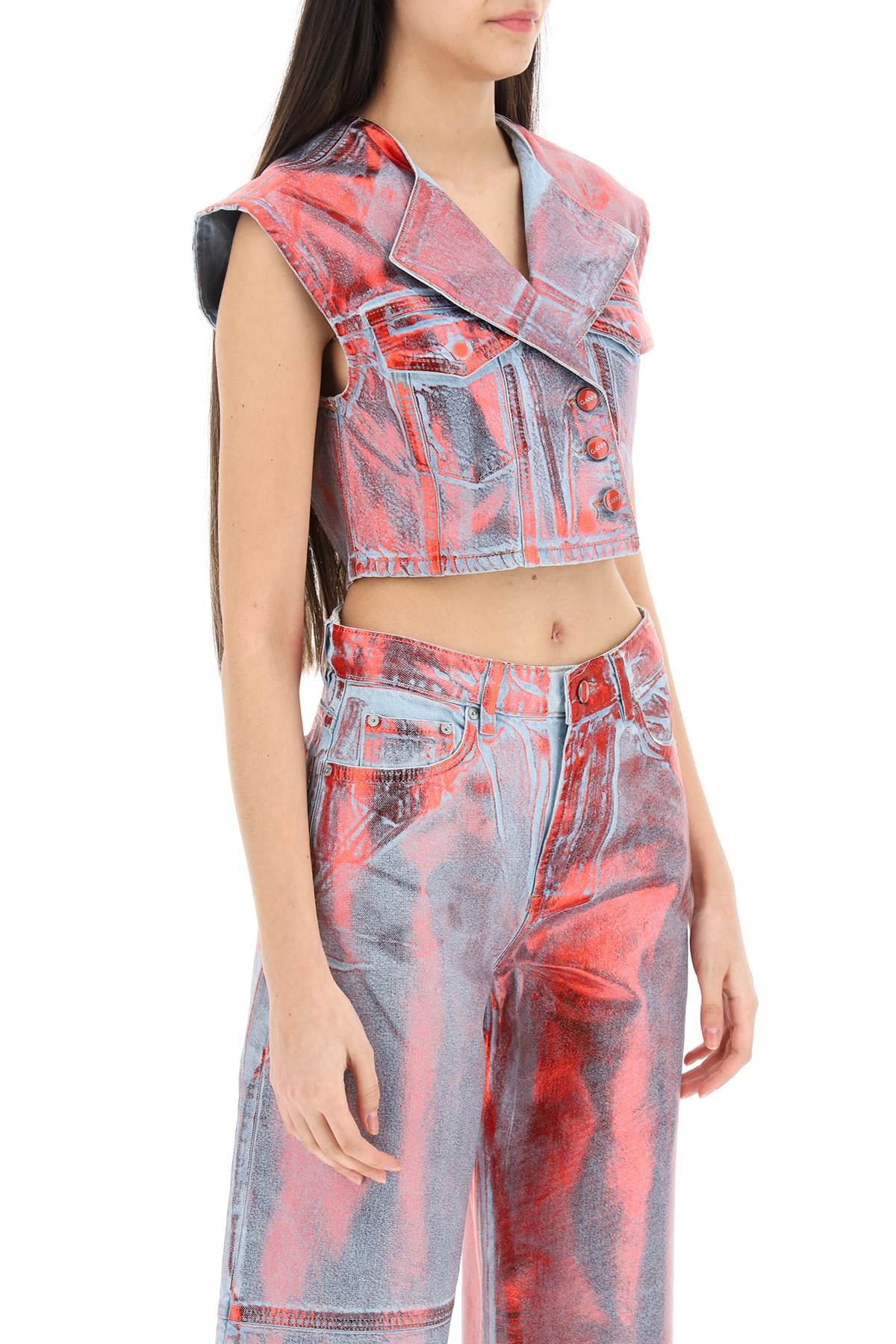 Cropped Vest In Laminated Denim