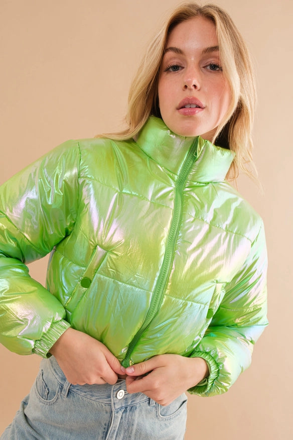 Windbreaker Metallic Puffer Crop Zip Up Jacket Lime-Jacket-Blue B-Urbanheer