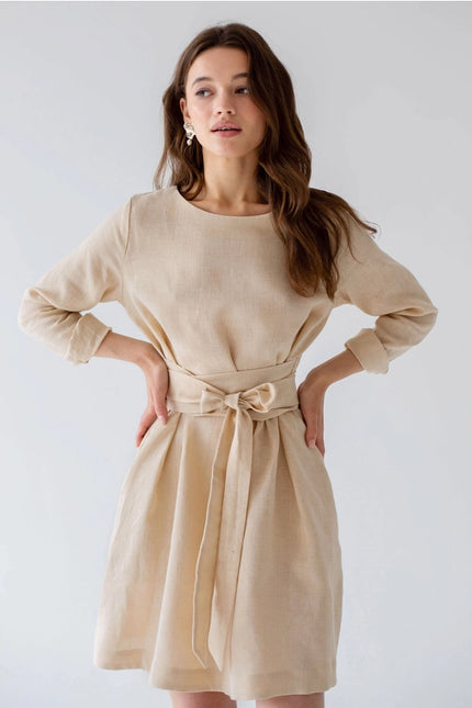 Wrap Linen Belted Beige Bridesmaid Dress For Women Mini-Dress-Nich Linen-XXS-Urbanheer