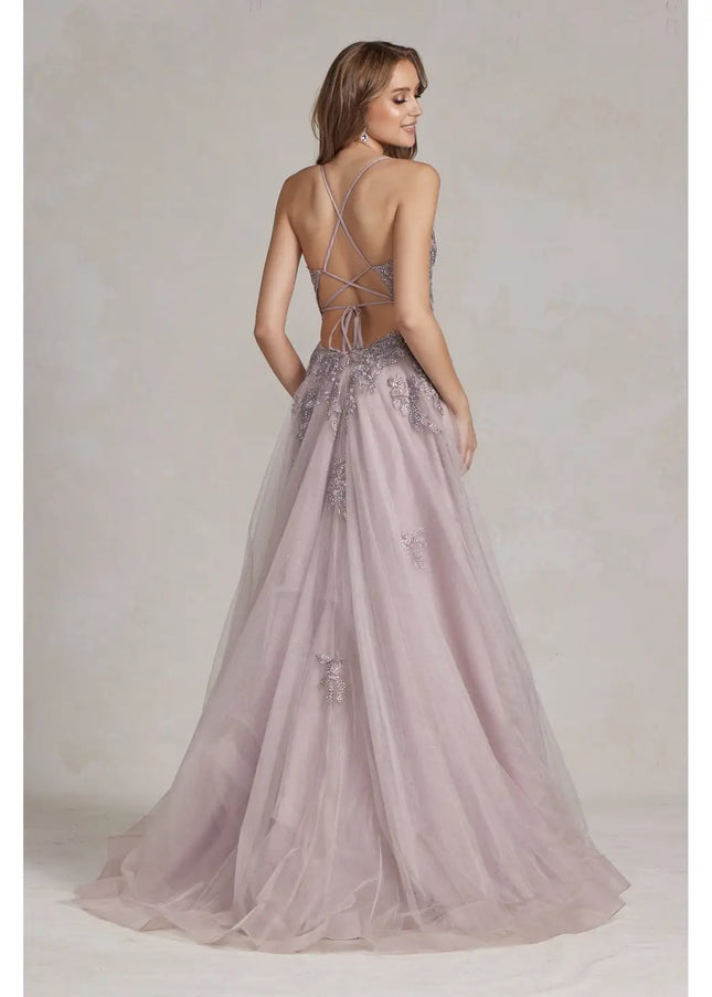 Embroidered Plunging V-Neck Prom Gown-Clothing - Women-Nox Anabel-Urbanheer