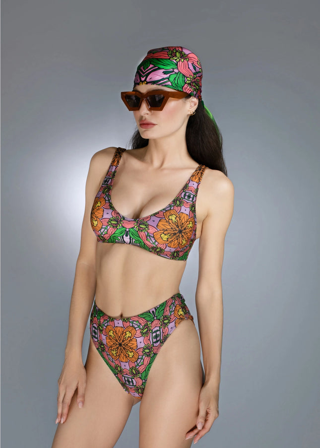 Multi-Hued Exotic Floral Illustrations Orange / Pink Bikini-Nuvula-Urbanheer