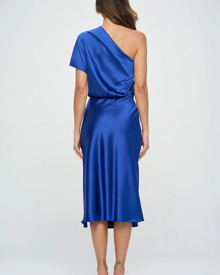 Made in USA Stretch Satin One Shoulder Dress ROYAL BLUE-Dresses-Renee C.-Urbanheer