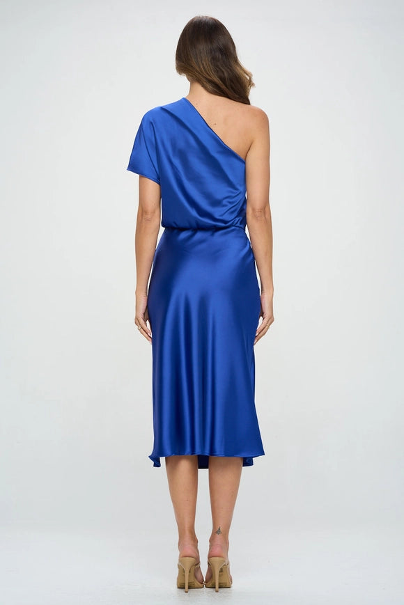 Made in USA Stretch Satin One Shoulder Dress ROYAL BLUE-Dresses-Renee C.-Urbanheer