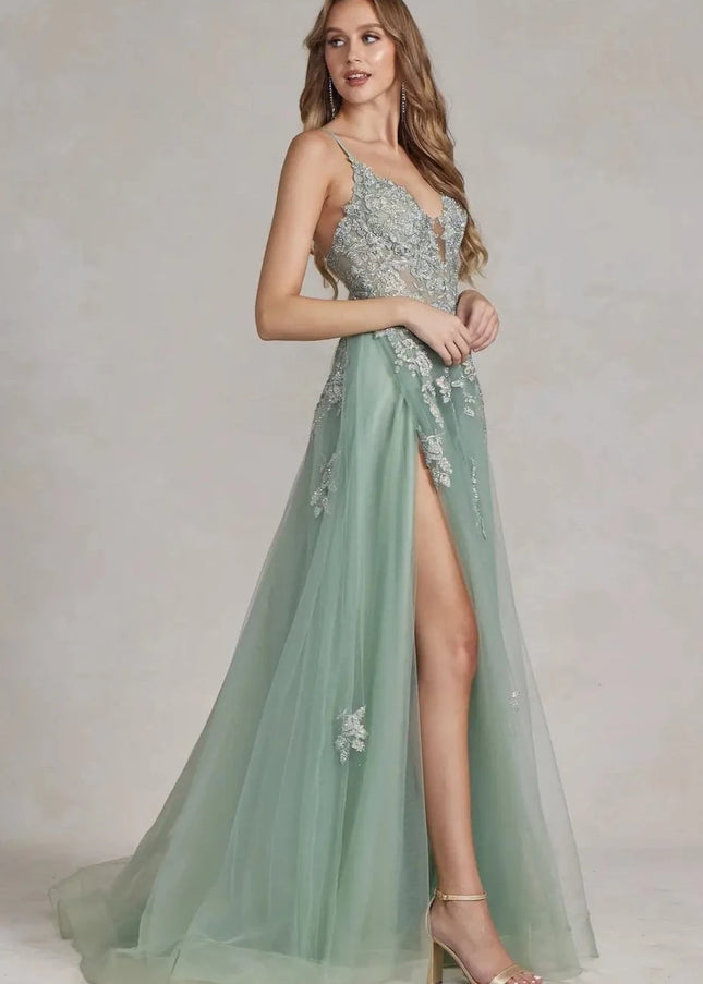 Embroidered Plunging V-Neck Prom Gown-Clothing - Women-Nox Anabel-Urbanheer