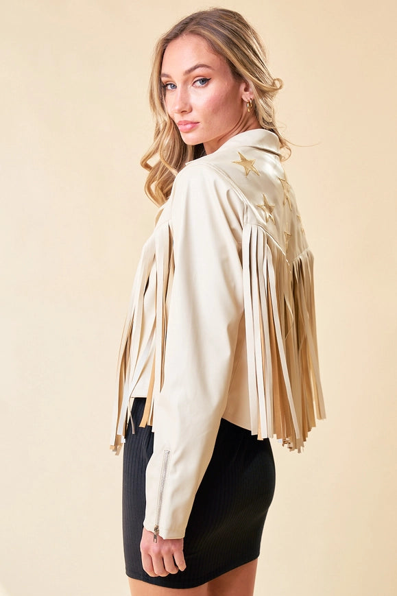 Cream Faux Leather Fringe Jacket with Gold Stars-Jacket-Saints & Hearts-Urbanheer