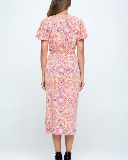 Print V Neck Dress With Tie-Renee C.-Urbanheer