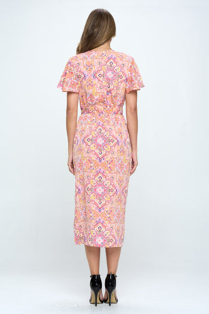 Print V Neck Dress With Tie-Renee C.-Urbanheer