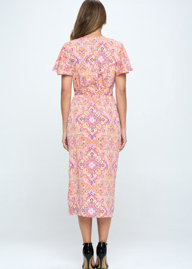 Print V Neck Dress With Tie-Renee C.-Urbanheer