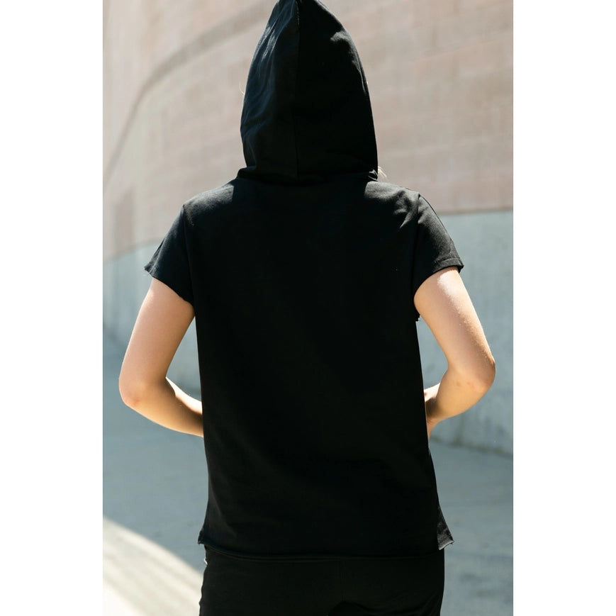 Hoodie Short Sleeve Top with Chains Black-Hoodie-Vocal-Urbanheer