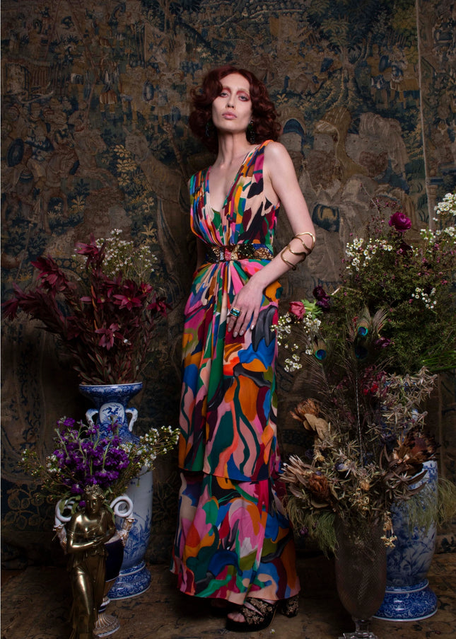 Safaa Blooming Pleated Long Dress In Exquisite Silk Crepe-Clothing - Women-La fuori-Urbanheer