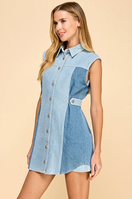 Two Toned Denim Sleeveless Button Up Dress