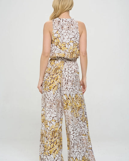 Made in USA Print V Neck Sleeveless Jumpsuit with Tie Multi-Colored-Jumpsuit-Renee C.-Urbanheer