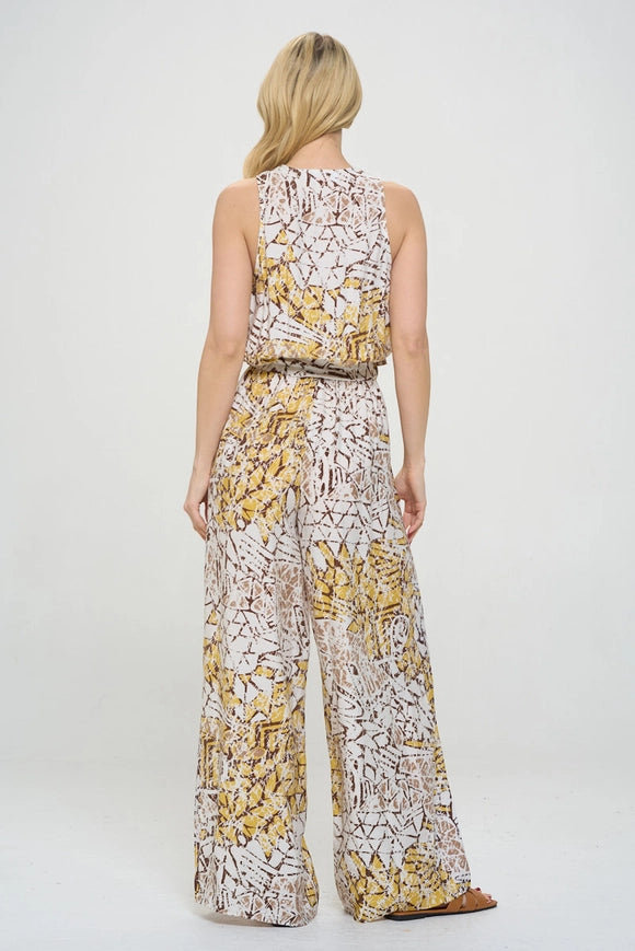 Made in USA Print V Neck Sleeveless Jumpsuit with Tie Multi-Colored-Jumpsuit-Renee C.-Urbanheer