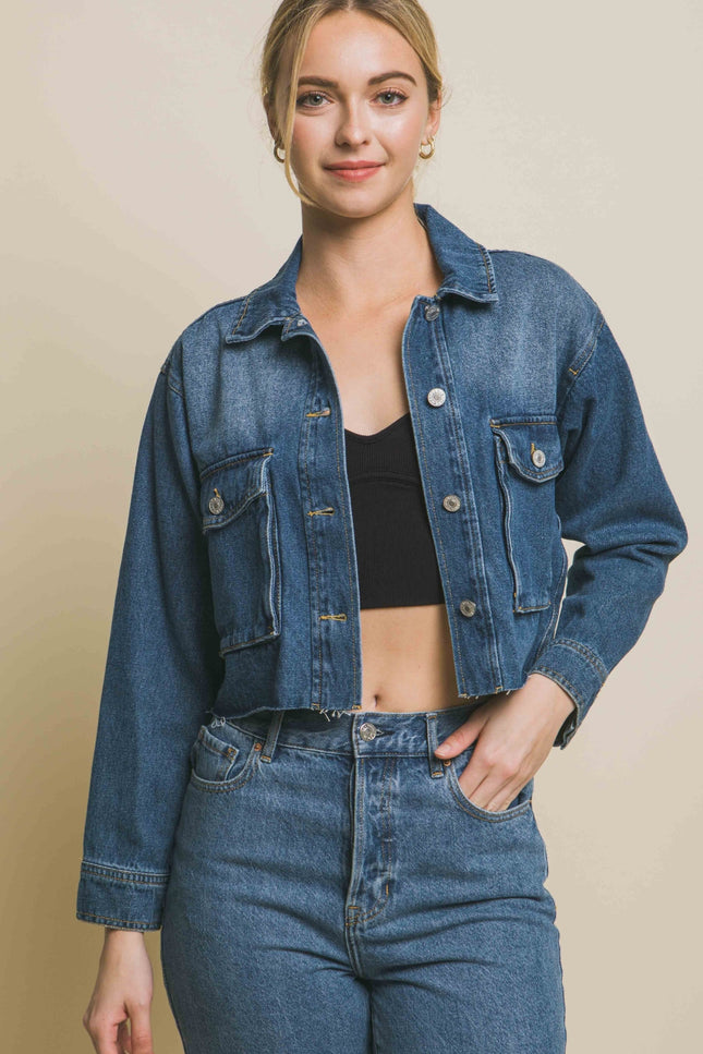 LOVE TREE Raw Hem Button Up Cropped Denim Jacket-UHX-Urbanheer