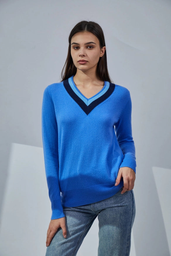 Contrasting V-Neck Cashmere Sweater-Sweater-Pissenlit-Urbanheer