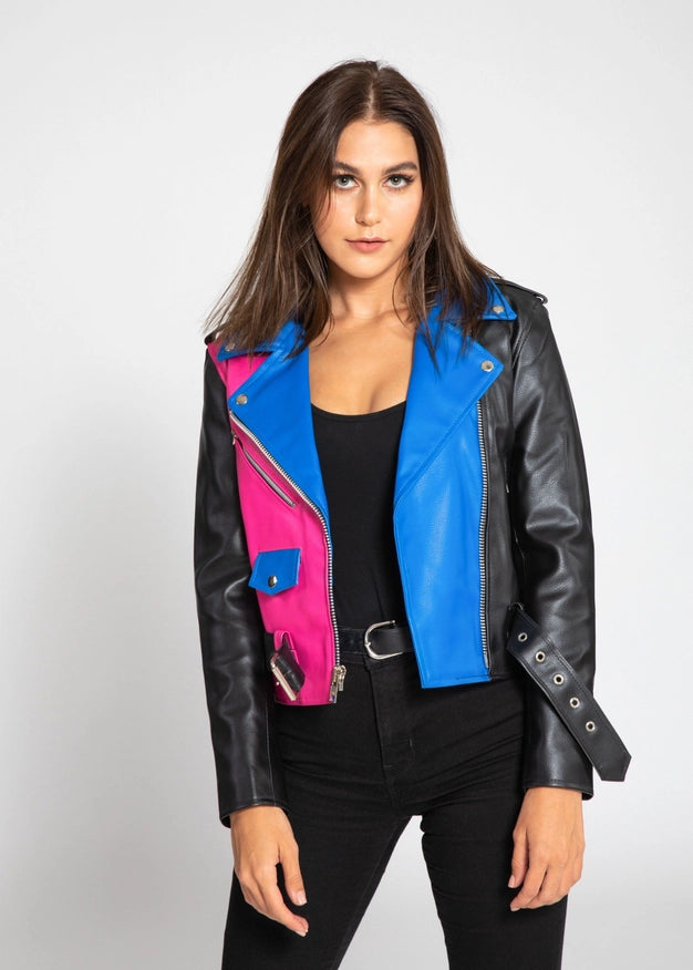 Women'S Block Print Faux Leather Jacket - Pink/Blue-Jacket-Fadcloset-XS-Urbanheer