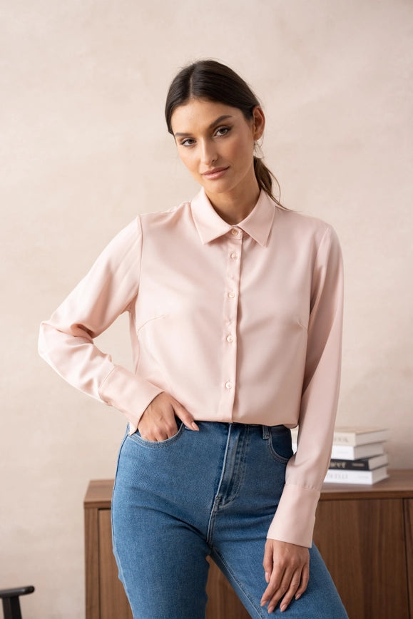 Plain Satin Shirt with Lapel Collar Pink-SHIRT-Attentif Paris-S-Urbanheer