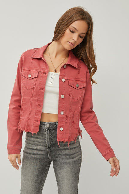 RISEN Raw Hem Button Up Cropped Denim Jacket-UHX-BRICK-S-Urbanheer