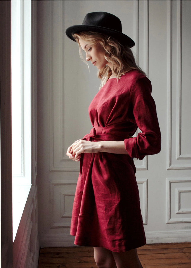 Burgundy Wrap Linen Belted Bridesmaid Dress-Clothing - Women-Nich Linen-Urbanheer