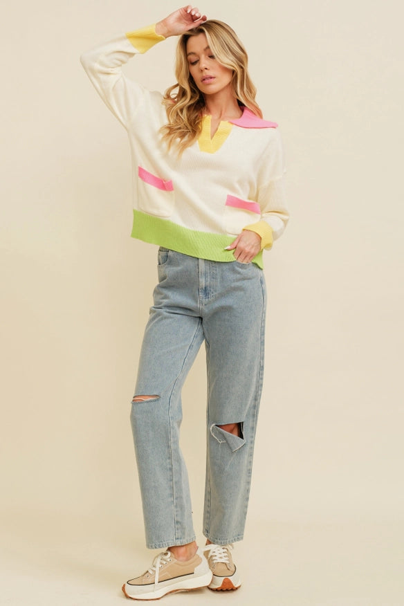 Color Block Pocket Detail Sweater.-Sweater-Cloud Ten-Urbanheer