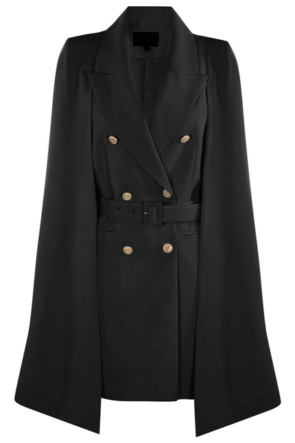 Mid-Length Cape Jacket with Belt Black-Jacket-Attentif Paris-S-Urbanheer