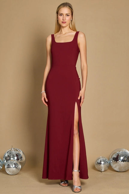 Dylan & Davids Long Formal Square Neckline Evening Dress-Evening Dress-Dylan & Davids-Burgundy-6-Urbanheer