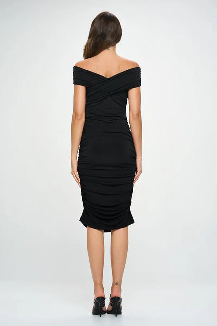 Solid Off Shoulder Midi Bodycon Dress W/ Ruched-Renee C.-Urbanheer