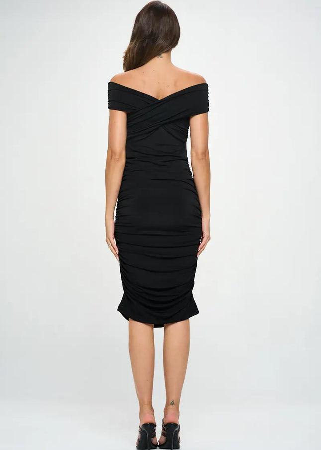 Solid Off Shoulder Midi Bodycon Dress W/ Ruched-Renee C.-Urbanheer