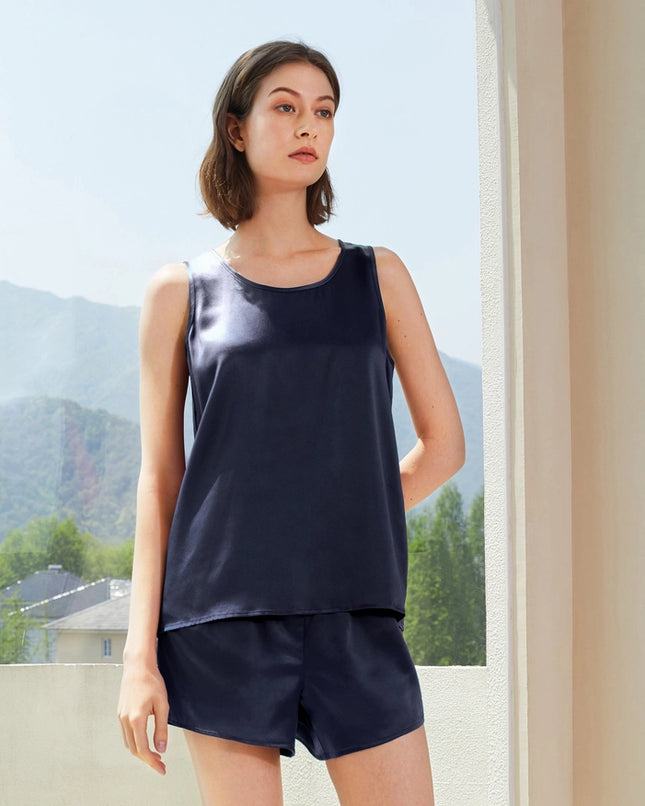 Relaxed Silk Short Pajamas Navy Blue-Pajamas-MommeSilk-XS-Urbanheer