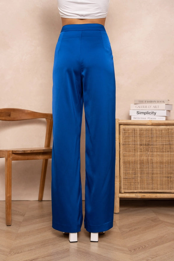 Satin Straight Cut Pants Royal Blue-Pants-Attentif Paris-Urbanheer