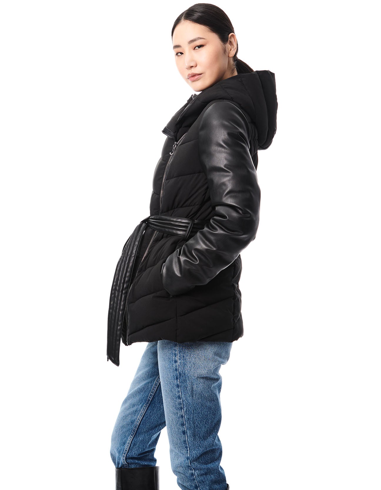 Short Faux Leather Combo Puffer-Clothing - Women-Bernardo-Urbanheer