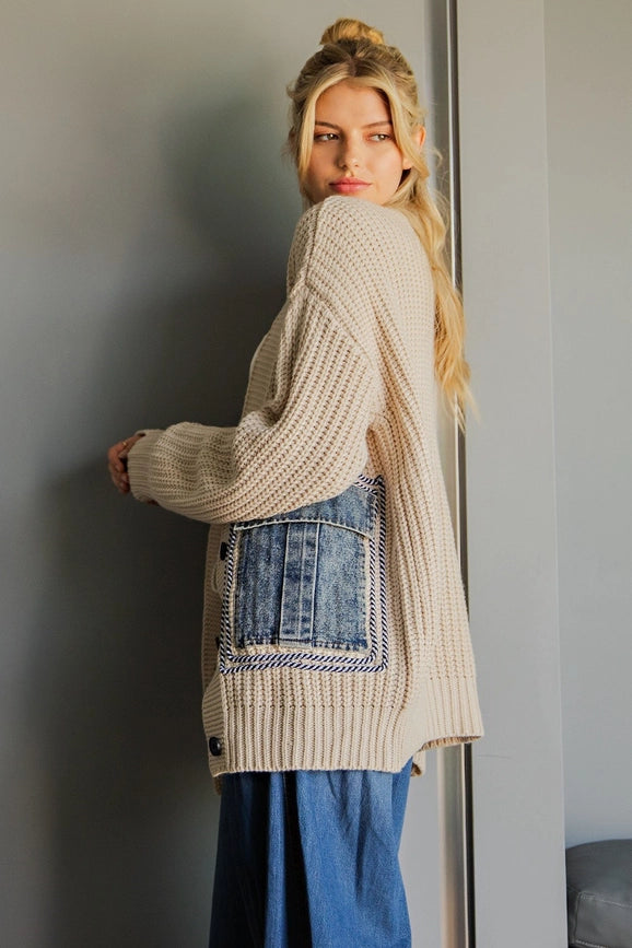 Button Down Cardigan with Denim Pockets