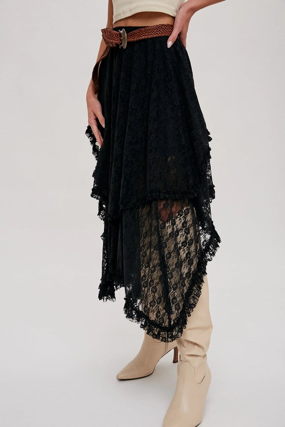 Lace Tier Midi Skirt BLACK