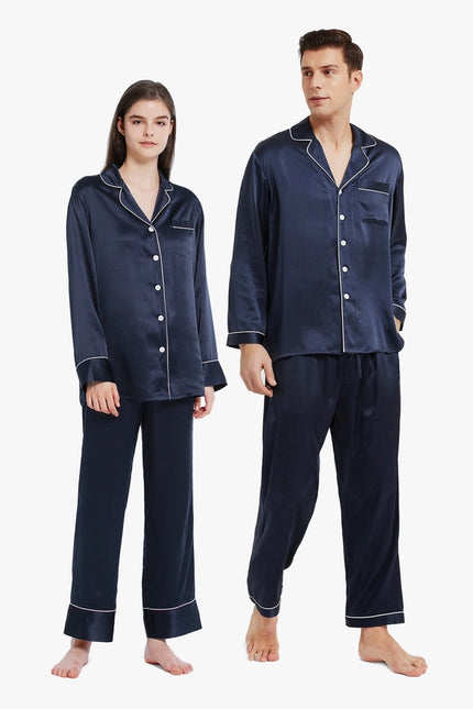 His & Hers Piped Silk Pajamas Navy Blue-Pajamas-MommeSilk-Urbanheer