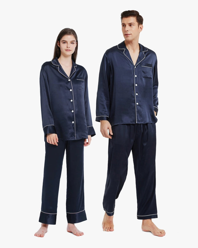 His & Hers Piped Silk Pajamas Navy Blue-Pajamas-MommeSilk-Urbanheer