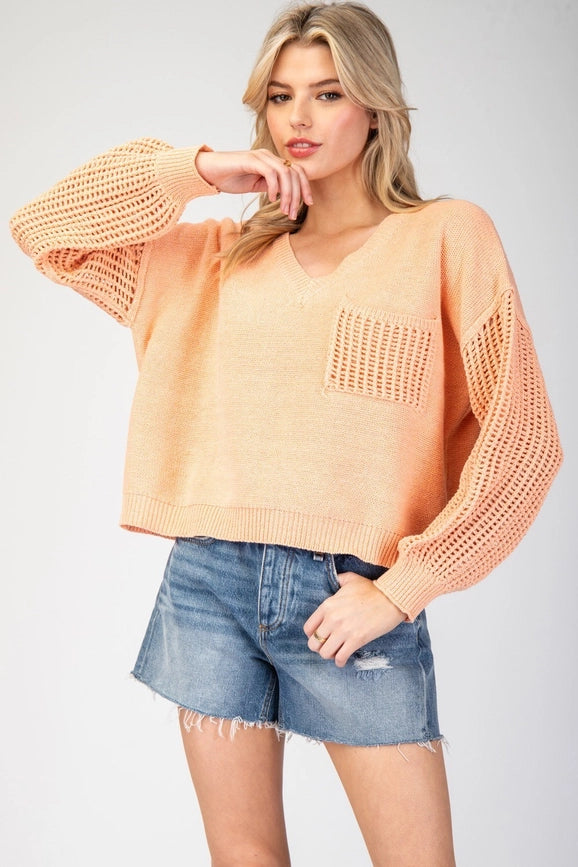 Open Knit Long Sleeve Sweater Top APRICOT