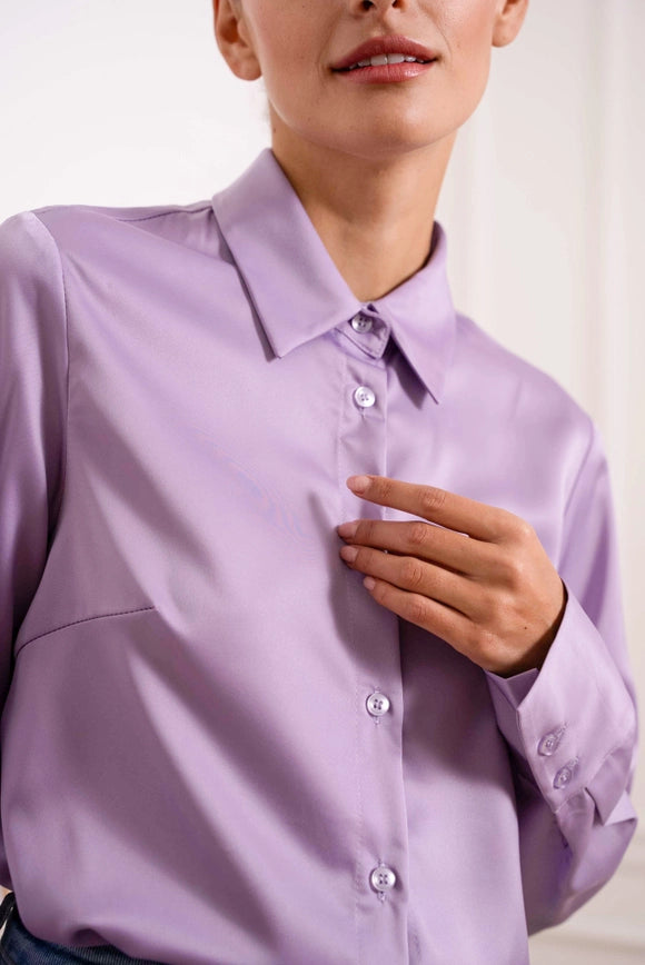 Plain Satin Shirt with Lapel Collar Lilac-SHIRT-Attentif Paris-Urbanheer