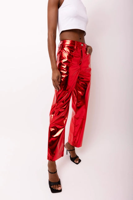 Lupe Straight Faux Leather Metallic Pants RED-Pants-Amy Lynn-Urbanheer