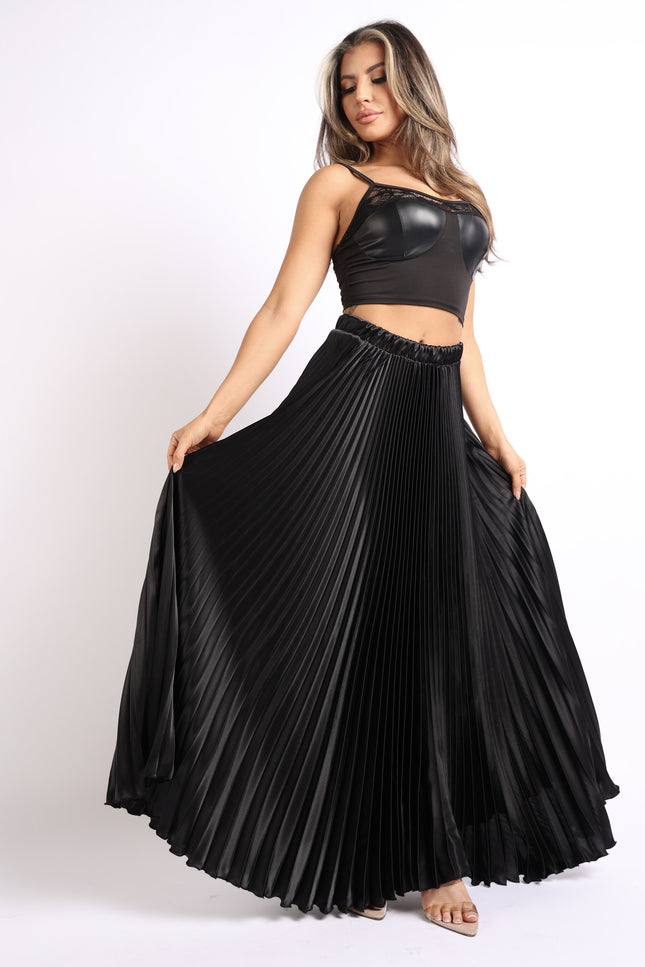 Elastic High Waist A-Line Pleated Satin Maxi Skirt Black-Puce Juniper-Urbanheer